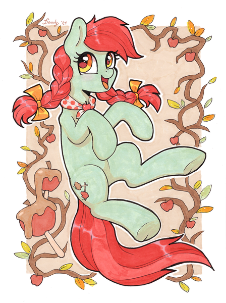 Size: 3565x4776 | Tagged: safe, artist:dandy, derpibooru import, candy apples, earth pony, pony, g4, apple, apple family member, blushing, bow, braid, braided pigtails, candy apple (food), copic, cute, female, food, hair bow, high res, image, leaves, mare, open mouth, open smile, pigtails, png, smiling, solo, traditional art