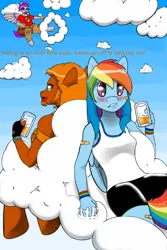 Size: 682x1024 | Tagged: suggestive, artist:celticdog, derpibooru import, rainbow dash, oc, anthro, pegasus, unguligrade anthro, armband, bandaid, blushing, canon x oc, cider, clothes, cloud, dialogue, female, flirting, image, imminent sex, jpeg, kicking, male, on a cloud, shipping, shorts, sitting, sitting on cloud, straight, tanktop, trio, wristband