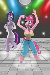 Size: 682x1024 | Tagged: safe, artist:celticdog, derpibooru import, pinkie pie, twilight sparkle, anthro, earth pony, unguligrade anthro, unicorn, g4, armpits, arms in the air, belly, belly button, big breasts, breasts, busty pinkie pie, clothes, dancing, denim, disco, disco ball, female, horn, image, jeans, jpeg, pants, sweater dress, tube top, unicorn twilight