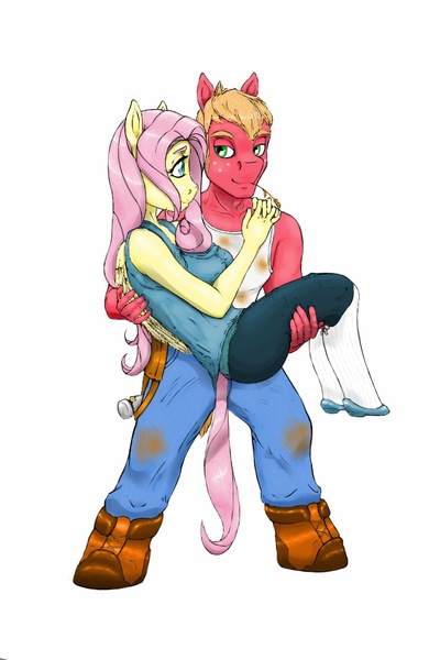 Size: 682x1024 | Tagged: safe, artist:celticdog, derpibooru import, big macintosh, fluttershy, anthro, earth pony, pegasus, unguligrade anthro, g4, big breasts, boots, breasts, bridal carry, busty fluttershy, carrying, clothes, denim, dirt, female, fluttermac, hammer, hay stalk, image, jeans, jpeg, looking at each other, looking at someone, male, pants, shipping, shoes, simple background, smiling, smiling at each other, socks, straight, straw in mouth, sweater puppies, sweater vest, tanktop, tools, white background