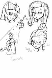 Size: 682x1024 | Tagged: safe, artist:celticdog, derpibooru import, fluttershy, twilight sparkle, twilight sparkle (alicorn), alicorn, anthro, pegasus, g4, alternate hairstyle, angel, blushing, female, glasses, grayscale, grin, halo, heart, image, jpeg, knock out, lesbian, monochrome, ship:twishy, shipping, sketch, smiling, updo