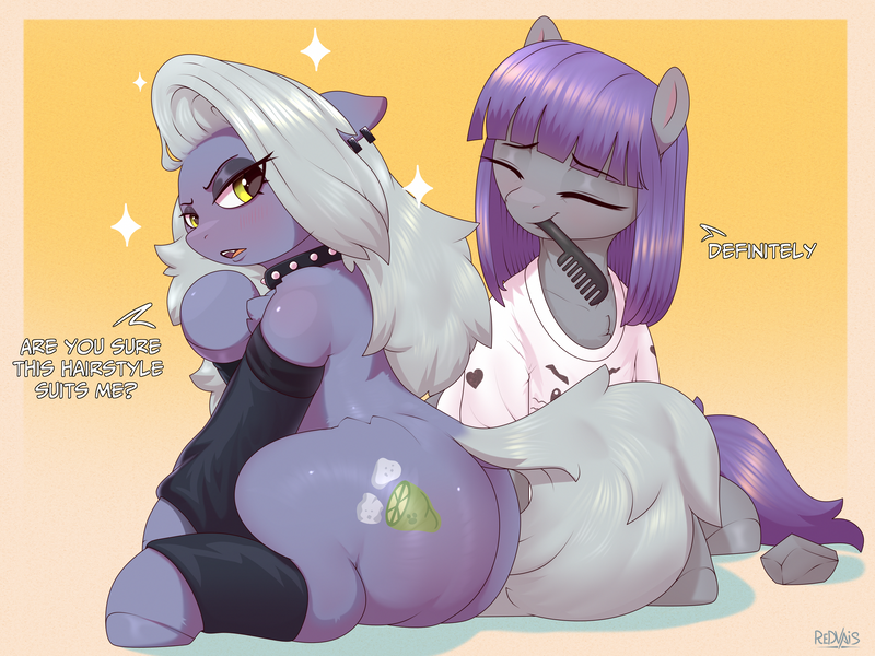 Size: 4000x3000 | Tagged: safe, artist:redvais, derpibooru import, limestone pie, maud pie, earth pony, pony, g4, boulder (g4), butt, choker, clothes, comb, dialogue, dress, duo, ear piercing, eyes closed, female, image, large butt, leggings, lidded eyes, limestonebutt, mare, mouth hold, piercing, plot, png, shirt, siblings, simple background, sisters, sitting, smiling, spiked choker, t-shirt