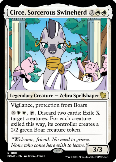 Size: 375x523 | Tagged: safe, artist:jenna ayoub, derpibooru import, edit, idw, zecora, pig, zebra, g4, spoiler:comic, ccg, circe, image, magic the gathering, my little pony classics reimagined: the odyssey, pillar, png, trading card, trading card edit, trading card game, tree