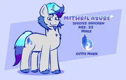 Size: 2344x1499 | Tagged: safe, artist:thegemstallion, derpibooru import, oc, oc:mithril azure, unofficial characters only, pony, unicorn, blue background, blue hair, colored hooves, cutie mark, freckles, hooves, horn, image, male, male oc, png, reference sheet, simple background, solo, stallion