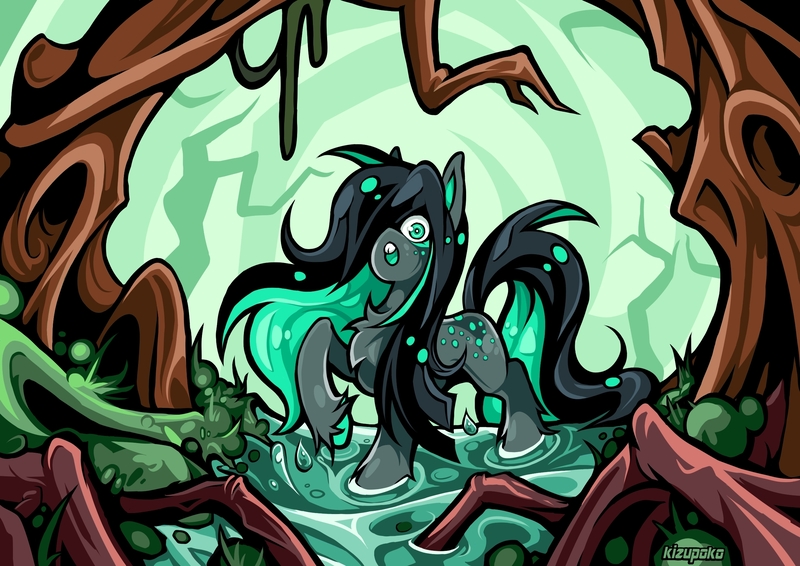 Size: 2480x1754 | Tagged: safe, artist:kizupoko, derpibooru import, oc, unofficial characters only, earth pony, chest fluff, commission, cute, image, jpeg, nature, startled, surprised, swamp, tree, two toned mane, water