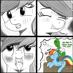 Size: 3150x3150 | Tagged: safe, artist:eels, derpibooru import, rainbow dash, oc, oc:anon, human, pegasus, pony, 4 panel comic, ahegao, comic, ear scratch, image, open mouth, png, tongue out