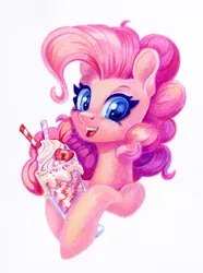 Size: 966x1300 | Tagged: safe, artist:maytee, derpibooru import, part of a set, pinkie pie, earth pony, pony, g4, bust, colored pencil drawing, drink, female, food, ice cream, image, looking at you, mare, milkshake, open mouth, open smile, png, portrait, simple background, smiling, smiling at you, solo, strawberry, traditional art, white background