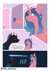 Size: 2780x3908 | Tagged: safe, artist:ollie sketchess, derpibooru import, oc, unnamed oc, changeling, pony, unicorn, changeling oc, comic, commission, horn, image, png, simple background, spanish