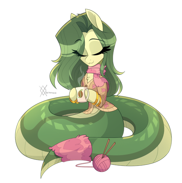 Size: 2050x2060 | Tagged: safe, artist:thewandie, derpibooru import, oc, oc:lamey, unofficial characters only, lamia, original species, snake, snake pony, :3, bracelet, button, clothes, comfy, cozy, cup, eyes closed, gold bracelet, image, jewelry, long mane, mug, png, scarf, simple background, solo, transparent background, yarn, yarn ball