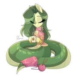 Size: 2050x2060 | Tagged: safe, artist:thewandie, derpibooru import, oc, oc:lamey, unofficial characters only, lamia, original species, snake, snake pony, :3, bracelet, button, clothes, comfy, cozy, cup, eyes closed, gold bracelet, image, jewelry, long mane, mug, png, scarf, simple background, solo, transparent background, yarn, yarn ball