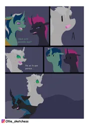 Size: 2800x3900 | Tagged: safe, artist:ollie sketchess, derpibooru import, queen chrysalis, oc, oc:speed shield, unnamed oc, alicorn, changeling, hybrid, g4, comic, commission, hybrid oc, image, png, simple background, spanish