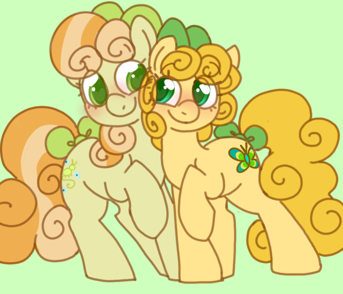 Size: 700x600 | Tagged: safe, artist:puppie, derpibooru import, junebug, oc, oc:hallow boon, earth pony, pony, g4, bow, curly mane, curly tail, cute, duo, duo female, female, green background, hair bow, image, orange coat, orange mane, png, simple background, tail, tail bow, wingding eyes