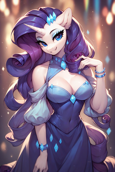 Size: 896x1344 | Tagged: suggestive, ai content, derpibooru import, machine learning generated, prompter:saberclaw1x, stable diffusion, rarity, anthro, unicorn, g4, bare shoulders, bracelet, breasts, busty rarity, cleavage, clothes, dress, eyeshadow, female, hand in hair, horn, image, jewelry, looking at you, makeup, png, puffy sleeves, smiling, smiling at you, solo, solo female