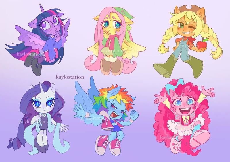 Size: 1440x1017 | Tagged: safe, artist:kaylostation, derpibooru import, applejack, fluttershy, pinkie pie, rainbow dash, rarity, twilight sparkle, twilight sparkle (alicorn), alicorn, anthro, earth pony, pegasus, plantigrade anthro, unicorn, g4, action pose, alternate hairstyle, apple, applejack's hat, bandana, bangs, big eyes, blonde hair, blonde mane, blue bow, blue eyelashes, blue eyes, blue eyeshadow, blue fur, blue pupils, blush lines, blushing, bonnet, boots, bow, braid, braided pigtails, brown eyelashes, cardigan, chibi, clenched fist, clothes, colored eyebrows, colored eyelashes, colored pupils, colored wings, cowboy hat, crocs, curly hair, curly mane, cutie mark, cutie mark eyes, cutie mark on clothes, denim, dress, ear piercing, earring, eyelashes, eyeshadow, feather boa, finger to mouth pose, floppy ears, food, gradient background, gradient ears, gradient eyes, gradient horn, gradient wings, green dress, green eyes, green pupils, group, hair accessory, hair bow, hand on hip, hat, high heels, holding, horn, image, jacket, jewelry, jpeg, long hair, long mane, looking at you, looking away, magenta eyelashes, magenta pupils, makeup, mane accessory, mane six, mary janes, multicolored hair, multicolored mane, narrowed eyes, neckerchief, one eye closed, open mouth, open smile, orange fur, overalls, piercing, pigtails, pink eyes, pink fur, pink hair, pink mane, pose, puffy sleeves, purple coat, purple eyes, purple fur, purple hair, purple mane, purple pupils, purple stockings, rah rah skirt, rainbow hair, raised arms, raised hand, ringlets, rolled up sleeves, scarf, sextet, shirt, shoes, short hair, short hair rainbow dash, short mane, shorts, skirt, smiling, smiling at you, sneakers, socks, spiky hair, spiky mane, spread wings, stetson, stockings, straight hair, straight mane, sweater, tail, tanktop, teal eyes, thigh highs, thinking, three quarter view, three toned hair, three toned mane, tied hair, tied mane, tied tail, unicorn horn, walking, wall of tags, watermark, white fur, wingding eyes, wings, wink, wristband, yellow coat, yellow fur