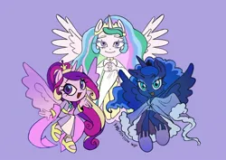 Size: 1440x1017 | Tagged: safe, artist:kaylostation, derpibooru import, princess cadance, princess celestia, princess luna, alicorn, anthro, plantigrade anthro, g4, alicorn triarchy, alternate hairstyle, blue coat, blue eyes, blue eyeshadow, blue fur, bunny slippers, chibi, clothes, colored eyebrows, colored eyelashes, colored pupils, colored wings, crown, curly hair, curly mane, cyan eyes, dress, eyeshadow, female, flying, gradient eyes, gradient wings, hands together, heart, heart eyes, horn, image, jewelry, jpeg, long hair, long mane, makeup, multicolored hair, multicolored mane, nightgown, open mouth, open smile, pink coat, pink fur, ponytail, pose, purple background, purple eyelashes, purple eyes, purple pupils, raised arm, regalia, robe, royal sisters, sandals, sash, shoes, siblings, signature, simple background, sisters, slippers, smiling, socks, spread wings, stockings, thigh highs, three quarter view, three toned mane, three toned tail, tied hair, tied mane, two toned hair, two toned mane, unicorn horn, wall of tags, white coat, white fur, wingding eyes, wings