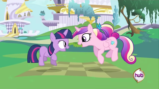 Size: 640x360 | Tagged: safe, derpibooru import, screencap, princess cadance, twilight sparkle, alicorn, unicorn, a canterlot wedding, g4, canterlot, female, hub logo, image, jpeg, logo, sunshine sunshine, teen princess cadance, the hub, unicorn twilight, younger