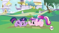 Size: 640x360 | Tagged: safe, derpibooru import, screencap, princess cadance, twilight sparkle, alicorn, pony, unicorn, a canterlot wedding, g4, canterlot, female, filly, filly twilight sparkle, hub logo, image, jpeg, logo, sunshine sunshine, teen princess cadance, the hub, unicorn twilight, younger