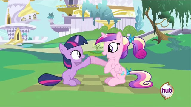 Size: 640x360 | Tagged: safe, derpibooru import, screencap, princess cadance, twilight sparkle, pony, unicorn, a canterlot wedding, g4, canterlot, female, filly, filly twilight sparkle, hub logo, image, jpeg, logo, sunshine sunshine, teen princess cadance, the hub, unicorn twilight, younger