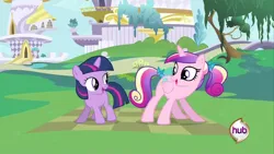 Size: 640x360 | Tagged: safe, derpibooru import, screencap, princess cadance, twilight sparkle, pony, unicorn, a canterlot wedding, g4, canterlot, female, filly, filly twilight sparkle, hub logo, image, jpeg, logo, teen princess cadance, the hub, unicorn twilight, younger