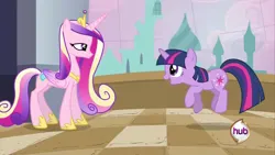 Size: 640x360 | Tagged: safe, derpibooru import, screencap, princess cadance, queen chrysalis, twilight sparkle, alicorn, pony, unicorn, a canterlot wedding, g4, canterlot, concave belly, fake cadance, female, height difference, hub logo, image, jpeg, logo, my little pony, physique difference, slender, sunshine sunshine, the hub, thin, unicorn twilight