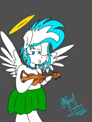 Size: 1200x1600 | Tagged: safe, artist:david_bal'air, derpibooru import, oc, oc:known pony, oc:ukelele, pegasus, pony, seraph, angel, coconut, crappy art, duckface, food, frown, halo, hawaiian, image, jewelry, jpeg, male, multiple wings, necklace, pearl necklace, spread wings, stallion, wings