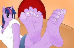 Size: 1280x846 | Tagged: suggestive, artist:radiantaurora, derpibooru import, twilight sparkle, anthro, unicorn, feet, female, fetish, foot fetish, foot focus, horn, image, png, soles, teasing, toes