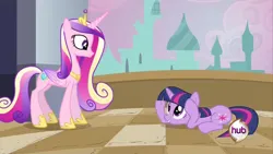 Size: 640x360 | Tagged: safe, derpibooru import, screencap, princess cadance, queen chrysalis, twilight sparkle, alicorn, pony, unicorn, a canterlot wedding, g4, canterlot, concave belly, fake cadance, height difference, hub logo, image, jpeg, logo, my little pony, physique difference, slender, sunshine sunshine, the hub, thin, unicorn twilight