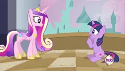 Size: 640x360 | Tagged: safe, derpibooru import, screencap, princess cadance, queen chrysalis, twilight sparkle, alicorn, pony, unicorn, a canterlot wedding, g4, canterlot, concave belly, fake cadance, female, height difference, horn, hub logo, image, jpeg, logo, my little pony, physique difference, slender, sunshine sunshine, the hub, thin, unicorn twilight