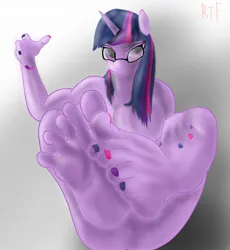 Size: 1176x1280 | Tagged: suggestive, artist:robinthefox, derpibooru import, twilight sparkle, anthro, unicorn, feet, female, fetish, foot fetish, foot focus, glasses, horn, image, jpeg, nudity, soles, teasing, toes