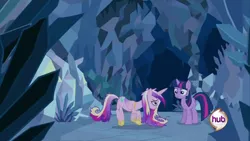 Size: 640x360 | Tagged: safe, derpibooru import, screencap, princess cadance, twilight sparkle, alicorn, pony, unicorn, a canterlot wedding, g4, cave, crystal caverns, hub logo, image, jpeg, logo, my little pony, physique difference, slender, sunshine sunshine, the hub, thin, underground, unicorn twilight