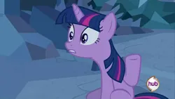 Size: 640x360 | Tagged: safe, derpibooru import, screencap, twilight sparkle, pony, unicorn, a canterlot wedding, g4, canterlot, cave, female, horn, hub logo, image, jpeg, logo, my little pony, solo, the hub, unicorn twilight