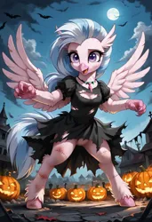 Size: 800x1169 | Tagged: safe, ai content, derpibooru import, machine learning generated, prompter:gregorymars, stable diffusion, silverstream, hippogriff, pony, semi-anthro, g4, bipedal, bride of frankenstein, clothes, costume, dress, female, frankenstein, generator:pony diffusion v6 xl, halloween, halloween costume, holiday, image, jack-o-lantern, jpeg, mare, moon, outdoors, pumpkin, socks, solo, standing, stitches, torn clothes