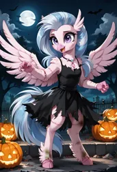 Size: 800x1169 | Tagged: safe, ai content, derpibooru import, machine learning generated, prompter:gregorymars, stable diffusion, silverstream, hippogriff, pony, semi-anthro, g4, bipedal, bride of frankenstein, clothes, costume, dress, female, frankenstein, generator:pony diffusion v6 xl, halloween, halloween costume, holiday, image, jack-o-lantern, jpeg, mare, moon, outdoors, pumpkin, socks, solo, standing, stitches, torn clothes