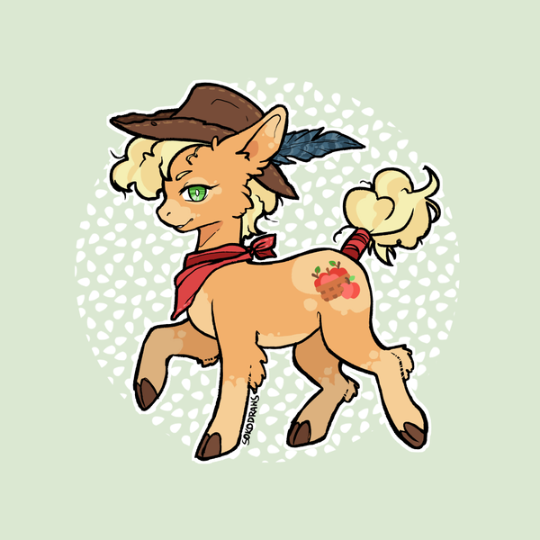 Size: 1000x1000 | Tagged: safe, artist:sokoistrying, derpibooru import, applejack, earth pony, pony, g4, alternate cutie mark, bandana, cloven hooves, coat markings, countershading, cowboy hat, facial markings, feathered hat, female, green background, hat, image, mare, mealy mouth (coat marking), pale belly, png, redesign, simple background, socks (coat marking), solo, tail, tail wrap