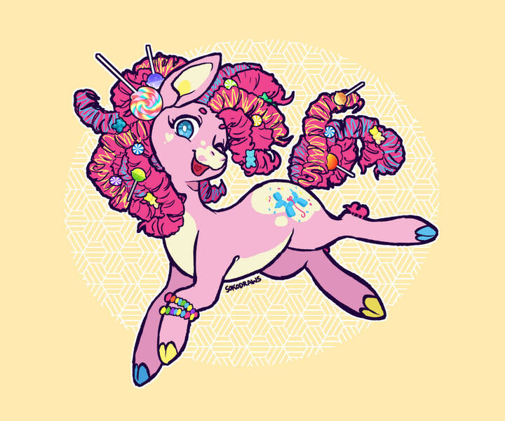 Size: 979x816 | Tagged: safe, artist:sokoistrying, derpibooru import, pinkie pie, earth pony, pony, g4, alternate cutie mark, alternate design, bracelet, candy, candy in hair, cloven hooves, colored hooves, countershading, facial markings, female, food, heart tongue, hock fluff, hooves, image, jewelry, jpeg, lollipop, looking at you, mare, mealy mouth (coat marking), multicolored hooves, one eye closed, open mouth, open smile, pale belly, redesign, simple background, smiling, smiling at you, solo, wink, winking at you, yellow background