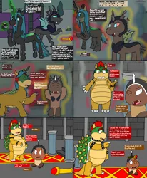 Size: 1742x2115 | Tagged: safe, artist:slywolf136, derpibooru import, queen chrysalis, changeling, changeling queen, koopa, g4, ..., book, bowser, bracelet, character to character, collar, comic, crown, eyes closed, female, female to male, goomba, image, jewelry, magic, magic aura, male, mental shift, one eye closed, open mouth, png, raised hoof, reality shift, regalia, rule 63, speech bubble, speech change, spiked collar, spiked wristband, spread wings, staff, super mario bros., transformation, transformation sequence, transgender transformation, wings, wristband