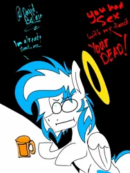 Size: 1200x1600 | Tagged: suggestive, artist:david_bal'air, derpibooru import, oc, oc:known pony, pony, angel, apple cider, crappy art, cross-eyed, folded wings, halo, image, jpeg, male, mug, stallion, thick, vulgar, wings