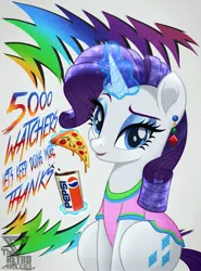 Size: 1994x2691 | Tagged: safe, artist:theretroart88, derpibooru import, rarity, pony, unicorn, clothes, drink, ear piercing, earring, female, food, glow, glowing horn, horn, image, jewelry, looking at you, mare, pepsi, piercing, pizza, png, shirt, soda, solo