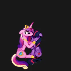 Size: 3000x3000 | Tagged: safe, artist:neonstrider, derpibooru import, princess cadance, twilight sparkle, twilight sparkle (alicorn), alicorn, pony, g4, colored, colored sketch, concave belly, crown, crying, crylight sparkle, dark background, dark grey background, duo, duo female, eyebrows, eyes closed, female, gray background, height difference, hoof shoes, hug, image, jewelry, jpeg, mare, peytral, princess shoes, regalia, simple background, sitting, sketch, slender, thin