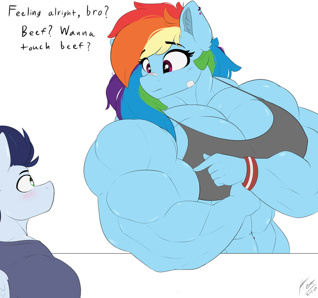 Size: 3200x3000 | Tagged: suggestive, artist:astrum, derpibooru import, rainbow dash, soarin', anthro, pegasus, g4, abs, amazon, bandage, bandaid, bandaid on nose, belly, belly button, belly piercing, bicep flex, biceps, big breasts, blushing, boobs? wanna touch boobs?, bra, breasts, buff, busty rainbow dash, cleavage, clothes, couple, deltoids, dialogue, digital art, duo, duo male and female, ear fluff, ear piercing, erect nipples, female, fetish, flexing, image, larger female, looking down, looking up, male, meme, muscle fetish, muscles, muscular female, nipple outline, pecs, piercing, png, pointing, rainbuff dash, shipping, simple background, size difference, smaller male, soarindash, sports, sports bra, straight, talking, triceps, underwear, white background, wristband