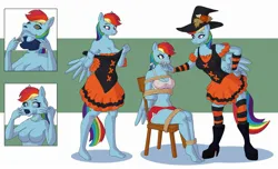 Size: 2319x1414 | Tagged: safe, artist:vytz, derpibooru import, edit, mare do well, rainbow dash, anthro, pegasus, plantigrade anthro, g4, bondage, bound and gagged, chair, cloth gag, clothes, costume, cropped, dress, duo, female, gag, halloween, halloween costume, hat, high res, holiday, hoof feet, image, impostor, jpeg, kidnapped, mask, masking, skinsuit, tied to chair, tied up, witch, witch hat