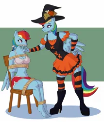 Size: 1211x1414 | Tagged: safe, artist:vytz, derpibooru import, edit, mare do well, rainbow dash, anthro, pegasus, plantigrade anthro, g4, bondage, bound and gagged, chair, cloth gag, clothes, costume, cropped, dress, duo, female, gag, halloween, halloween costume, hat, high res, holiday, hoof feet, image, impostor, jpeg, kidnapped, mask, masking, skinsuit, tied to chair, tied up, witch, witch hat