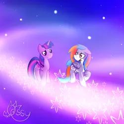 Size: 2000x2000 | Tagged: safe, artist:ossilia flawol, derpibooru import, twilight sparkle, twilight sparkle (alicorn), oc, oc:portal bump, alicorn, pegasus, pony, g4, ascension realm, canon x oc, companion cube, duo, duo female, female, image, pegasus oc, png, portal (valve), princess celestia's special princess making dimension, ship:portalsparkle, stars, wings