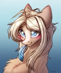 Size: 1947x2324 | Tagged: safe, artist:viryav, derpibooru import, oc, unofficial characters only, pony, beige body, blonde hair, blue background, blue eyes, blushing, chest fluff, colored pupils, embarrassed, eye clipping through hair, facial markings, feather, female, gradient background, image, jpeg, mare, mare oc, shine, shiny mane, signature, simple background, sketch, smiling, solo