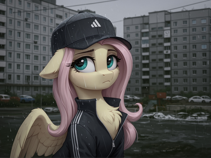 Size: 2048x1528 | Tagged: safe, ai content, derpibooru import, machine learning assisted, machine learning generated, prompter:midnightdashie, stable diffusion, fluttershy, pegasus, pony, adidas, cap, clothes, floppy ears, gangster, generator:pony diffusion v6 xl, gopnik, hat, image, jpeg, looking at something, panel house, rain, russia, sad, sitting, soviet, tracksuit