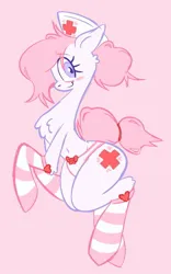 Size: 669x1072 | Tagged: safe, artist:tricky_cannon, derpibooru import, nurse redheart, earth pony, pony, semi-anthro, g4, clothes, full body, image, jpeg, panties, pink background, simple background, smiling, socks, solo, stockings, striped socks, thigh highs, underwear