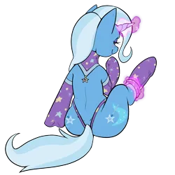 Size: 1000x1000 | Tagged: suggestive, artist:twoshoesmcgee, derpibooru import, trixie, semi-anthro, unicorn, g4, ass, bedroom eyes, blush lines, blushing, both cutie marks, butt, choker, clothes, dimples of venus, eyeshadow, female, glowing horn, horn, image, looking at you, looking back, looking back at you, magic, makeup, panties, png, rear view, signature, simple background, sitting, smiling, socks, solo, solo female, spine, star print underwear, stars, thong, transparent background, underwear, undressing