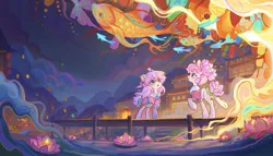 Size: 1416x808 | Tagged: safe, artist:brony_festival, derpibooru import, oc, oc:藕荷, unofficial characters only, fish, china, china ponycon, chinese new year, duo, image, jpeg, lantern, lilypad, water