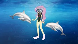 Size: 1919x1079 | Tagged: safe, artist:justinproffesional, artist:marcorulezzz, derpibooru import, edit, fluttershy, dolphin, human, equestria girls, g4, beach shorts swimsuit, bubble, clothes, dive mask, female, flippers (gear), fluttershy's beach shorts swimsuit, fluttershy's one-piece swimsuit, goggles, image, ocean, one-piece swimsuit, png, scuba gear, solo, swimsuit, swimsuit edit, water, watershy