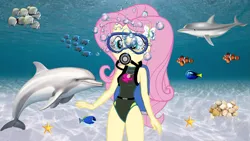 Size: 1919x1079 | Tagged: safe, artist:justinproffesional, artist:marcorulezzz, derpibooru import, edit, fluttershy, dolphin, human, starfish, equestria girls, g4, barefoot, beach shorts swimsuit, bubble, clam, clothes, dive mask, feet, female, fluttershy's beach shorts swimsuit, fluttershy's one-piece swimsuit, goggles, image, ocean, one-piece swimsuit, png, reef, scuba gear, shell, solo, swimsuit, swimsuit edit, underwater, water, watershy